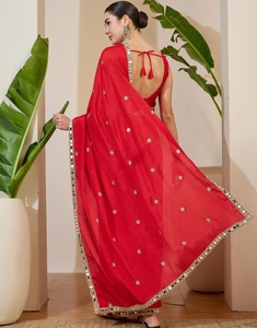 KV Chinnon <b>Red</b> Embellished Designer Saree With Unstitched <b>Blouse</b> - Product Image 4