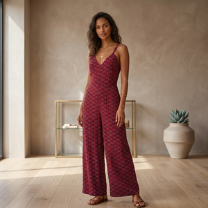 V Neck Sweet Natural Floral Geometric Print Maxi <b>Jumpsuit</b> Sleeveless Spaghetti Strap Breathable Summer Woven Cotton Casual Dress - Product Image 3