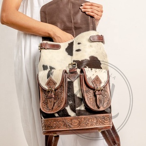 LW Summer Vintage Style Rock Bohemian Fashion Genuine Leather Shoulder <b>Backpack</b> Geometric Pattern Handmade Dress Brands - Product Image 5