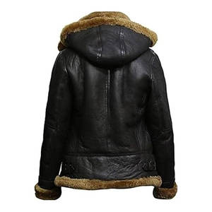 Blouson aviateur en peau de mouton véritable marron pour femme, avec capuche amovible, chaud pour l'hiver, style pilote - Product Image 3