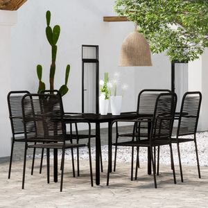 Juego de Comedor Mediano de Acero con Recubrimiento en Polvo Negro y Vidrio, con Muebles de Jardín de Cuerda de Algodón - Product Image 1