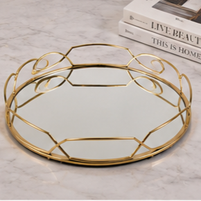 Round Metal Storage <b>Tray</b> With <b>Mirror</b> Insert Modern Design Durable Indoor Tabletop Accessory Living Room Decor - Product Image 4
