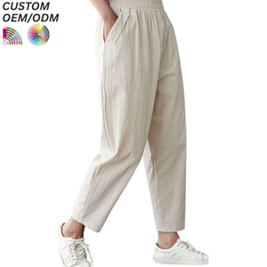 Lightweight Casual Plain Dyed Linen/Cotton <b>Drawstring</b> Closure Multi-Pocket Men's Pants & <b>Trousers</b> - Product Image 6