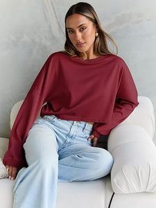 OEM ODM Service Cropped <b>Top</b> Women's Baggy Waist Crop Crewneck <b>Maroon</b> Color Sweatshirt Cotton Fleece Oversized Streetwear Front - Product Image 5