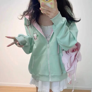 Sudadera con capucha y cremallera bordada con dibujos animados en verde menta, estilo holgado, cuello vuelto, de punto, para mujer, estilo primavera - Product Image 1