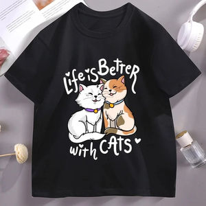 Pattern Life Is Better with Cats Graphic <b>T</b> <b>Shirts</b> <b>Funny</b> Valentine's Day Short Sleeve Round Neck <b>T</b>-<b>shirts</b> Streetwear Loose Tops - Product Image 2