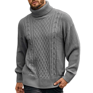 Pull à col roulé en tricot gris pour homme, épais, motif géométrique, manches régulières, longueur intégrale, matière acrylique - Product Image 1
