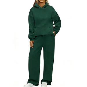 Conjunto de chándal con capucha para mujer, pantalones de sudadera informales de color liso, holgados, de longitud completa, con bolsillos laterales y cierre con cordón - Product Image 2