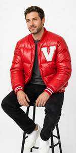 Chaqueta Acolchada Roja de PU para Hombre, Cuello Alto, Cortavientos, Invierno, Casual, Gruesa, Relleno de Poliéster, Corte Regular, Logotipo Bordado en la Parte Delantera - Product Image 5