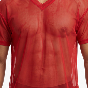 See Through <b>100</b>% <b>Polyester</b> Mens Lightweight Oversized V-neck Short Sleeve Preppy Style Eco-Friendly Sheer Mesh T-<b>Shirt</b> - Product Image 5
