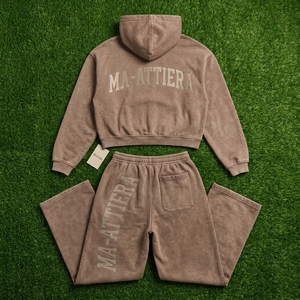 Custom Women Brown Washed Hoodie <b>Wide</b> <b>Leg</b> <b>Jogger</b> Set Cotton Fleece Streetwear Tracksuit OEM Wholesale - Product Image 6