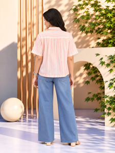 Chemise décontractée à manches courtes pour femmes, col rayé, boutonnée, haut d'été - Product Image 5