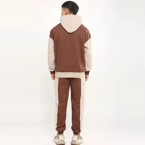 Ensemble de survêtement pour homme en coton marron à blocs de couleur avec capuche, sweat-shirt et pantalon long, décontracté pour l'automne, avec poches latérales - Product Image 2