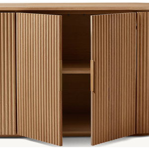 Aparador Moderno Estilo Japandi, Madera de Teca Sólida con Acabado Natural, Puertas Verticales Acanaladas, Borde Curvo, Mueble Buffet para Interiores de Lujo - Product Image 6