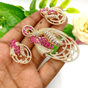 RAY FINE ORNATES <b>Ruby</b> CZ Gold Plated IGI Certified Jewelry Set Floral <b>Necklace</b> Matching Earrings Indian Bridal Wedding Set - Product Image 3