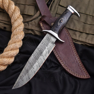 Cuchillo Bowie de Supervivencia y Caza con Hoja Fija de Acero de Damasco y Mango de Madera Oscura - Cuchillos Portátiles OEM de 14 Pulgadas para Exteriores DIY - Product Image 1