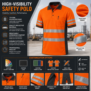 Unisex Orange Hi Vis Reflective <b>Waterproof</b> Plus Size <b>Work</b> Polo Shirt Short Sleeve Cotton Uniform Chest Pocket Safety Stripes - Product Image 3