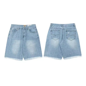 <b>Men's</b> Ripped Cross <b>Patch</b> Denim Jorts Washed Blue Streetwear <b>Men's</b> <b>Shorts</b> with Heavy Distress Layered Applique OEM Manufacturer - Product Image 3