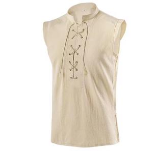 <b>Men's</b> Breathable Cotton Striped Gothic Sleeveless V-neck Lace-Up Front <b>Black</b> Woven <b>Vest</b> - Product Image 5