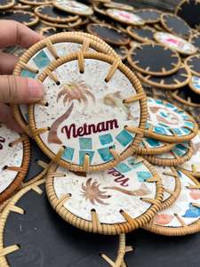Vintage Rattan <b>Drink</b> <b>Coaster</b> with Mother of Pearl from Vietnam for Coffee Service Table Decor Dining Settings and Christmas Gift - Product Image 2