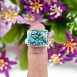 925 Sterling Silver Blue Copper Turquoise Handmade Silver Ring Radiant Gemstone Jewelry Statement Wedding <b>Gift</b> Ring <b>For</b> <b>Her</b> - Product Image 2
