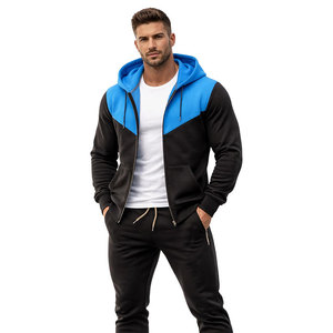 New Design Men’s Black Blue Contrast Hoodie Tracksuit Slim Fit <b>Zip</b> <b>Up</b> <b>Jacket</b> Jogger Pants Casual Sportswear Gym Fitness Set - Product Image 1