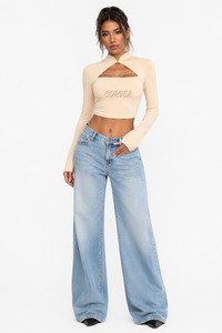 Haut court en tricot beige brodé à col mandarin et découpes pour femme, chemisier Y2K à manches longues personnalisé - Product Image 4