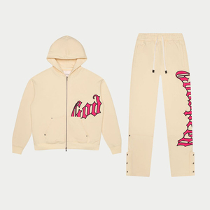 Vintage Men's Oversized Soft Cotton Fleece Cream-colored <b>Zip</b>-up Hoodie And Matching Flared Sweatpants Streetwear Tracksuit - Product Image 1