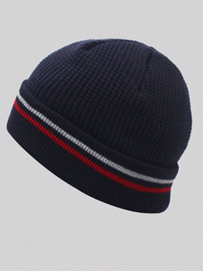 Bonnet en tricot bleu marine unisexe avec rayures rouges et blanches, bonnet d'hiver décontracté pour adultes 56-58 cm, en acrylique - Product Image 6