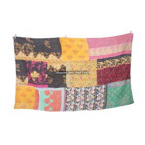 Indian Hand Stitch Reversible Vintage Cotton Kantha <b>Quilts</b> Throws Indian Reversible Hand Stitched Heavy Throw Old Sari Blanket - Product Image 1