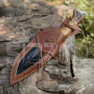 มีดล่าสัตว์เหล็กดามัสกัสแบบ OEM พร้อมด้ามเขาสัตว์  ใบมีดคงที่ สำหรับตั้งแคมป์ กิจกรรมกลางแจ้ง และพกพาประจำวัน พร้อมปลอกหนัง - Product Image 5