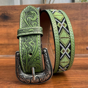 Fashion Vintage Handcrafted Cowboy Style <b>Tooled</b> <b>Leather</b> Beaded Belt for Men & Women High Quality Full Grain Genuine <b>Leather</b> Belt - Product Image 2