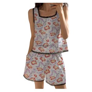 Conjunto de Pijama de Shorts con Encaje y Estampado de Bloques Suaves para Mujer, Pijama Largo sin Mangas con Estampado Floral para Primavera/Verano - Product Image 3