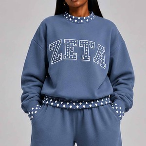 Zeta Wholesale Cotton Fleece <b>Mock</b> <b>Neck</b> Sweatshirt Women Men Ladies Unisex Polka Dot Gingham Patch University Chenille Embroidery - Product Image 6