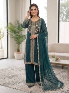 Embellished Indian Pakistani Set <b>Green</b> Embroidered Salwar Kameez Chaniya Dupatta <b>Net</b> Overlay Formal Wear - Product Image 3