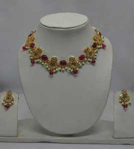 Parure de collier ovale plaqué or avec rubis et Kundan, ornements délicats perlés, style ethnique indien, pour soirée, collier ras-du-cou - Product Image 4