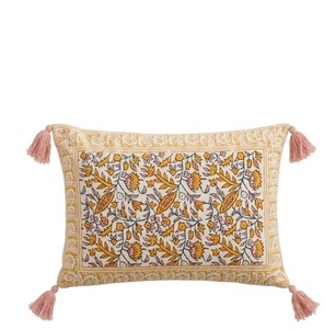 Handcrafted Block <b>Print</b> Floral Lumbar <b>Cushion</b> Cover in Mustard Yellow, Pink, and Off-White with Tassels, OEM Service16X24 - Product Image 4