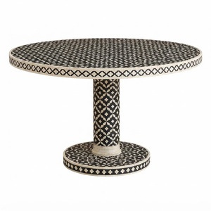 Mesa de centro de lujo con incrustaciones de hueso a rayas blancas y negras, mesa central ovalada de resina hecha a mano con base de doble pedestal para el hogar moderno - Product Image 5