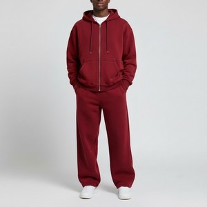 Conjunto Deportivo con Capucha Color Borgoña para Hombre, Sudadera con Cierre Completo, Pantalones Deportivos Holgados, Color Sólido Informal, Ropa de Otoño - Product Image 1