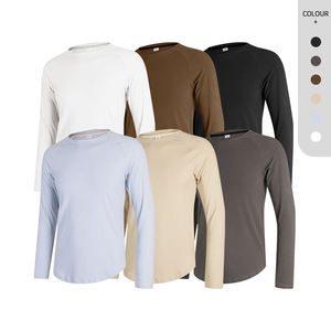 T-shirt à manches longues pour homme, gris, col rond, coupe classique, jersey uni décontracté, 220 grammes, coton respirant - Product Image 6
