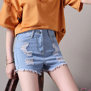 Shorts de mezclilla para mujer de cintura alta, transpirables, desgastados, con agujeros rotos, dobladillo deshilachado, estilo urbano, cierre de botones - Product Image 3