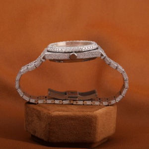 Aurevail VVS Moissanite <b>Watch</b> Rose Gold Fully Iced Out Round <b>Case</b> Gold Dial Diamond Indicator Fluted Bezel Luxury Custom <b>Watch</b> - Product Image 4