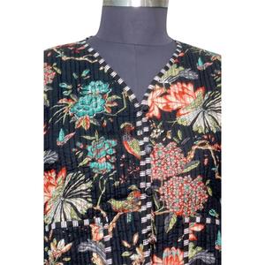 Floral Printed Knitted Short Autumn Full Sleeve <b>Quilted</b> <b>Jacket</b> for Women with Pure Cotton Fabric and Pockets Inside and Outside - Product Image 3