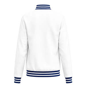 Custom White Varsity <b>Jacket</b> with Royal Blue and White Striped Ribbed Collar Cuffs Hem Greek Letter Embroidery Crest Logo Collegi - Product Image 3