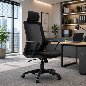 Chaise de bureau Kinsha FG-01E avec appui-tête intégré réglable en hauteur, matériau en maille, design moderne, fonction pivotante, utilisation en chambre à coucher ou à l'hôtel - Product Image 1