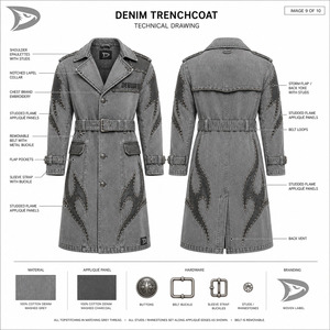 Abrigo Largo de Invierno para Mujer, Color Gris Plateado, Estilo Denim, Doble Botonadura, Adornado con Tachuelas y Pedrería, Manga Larga, Premium, con Cinturón, Resistente al Viento - Product Image 6