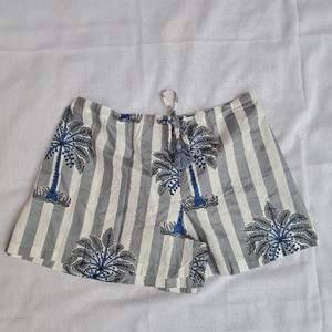 Women's Frill Pajama Set Grey White Broad Stripe Palm Tree Block Print Cotton Tassel Drawstring Waist Tropical Summer Shorts - Product Image 2