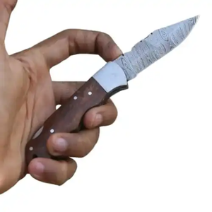Cuchillo Plegable de Acero de Damasco de Grado Industrial con Mango de Madera, Hoja de Punta Caída, Apertura Deslizante, Herramienta EDC para Camping y Senderismo - Product Image 2