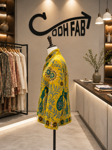 <b>Women</b> Winter Yellow <b>Velvet</b> Sujani <b>Jacket</b> Peacock Embroidery Handmade Floral Bohemian Ethnic Designer Boutique Outerwear Stand - Product Image 2