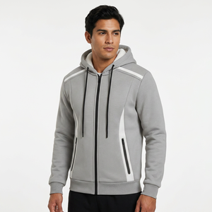Men's Gray Hooded <b>Zipper</b> <b>Sweatshirt</b> Regular Fit Casual Polyester Solid Color Autumn Wear - Product Image 4